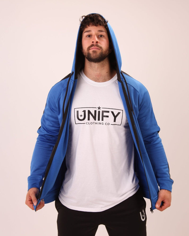 "Men’s UNIFY U1 Zip-Up Hoodie in vibrant blue, showcasing a modern fit with premium quality materials."