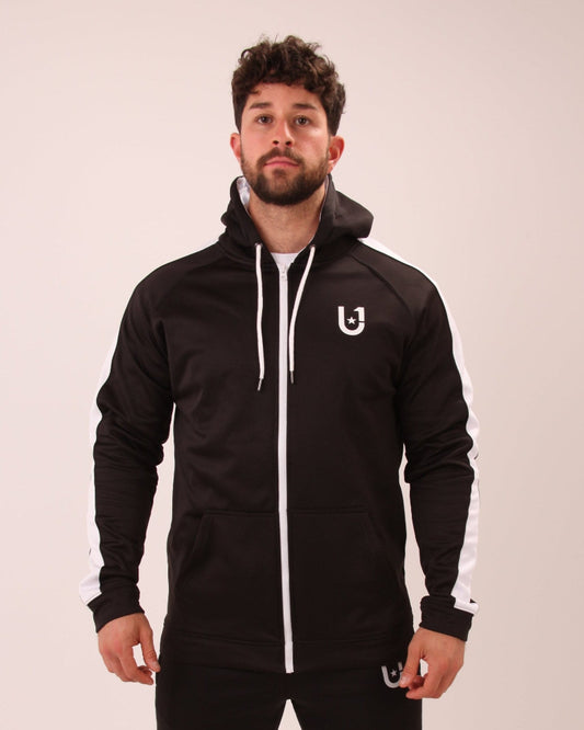 UNIFY U1 men's black zip-up hoodie featuring a stylish white stripe, perfect for urban wear.