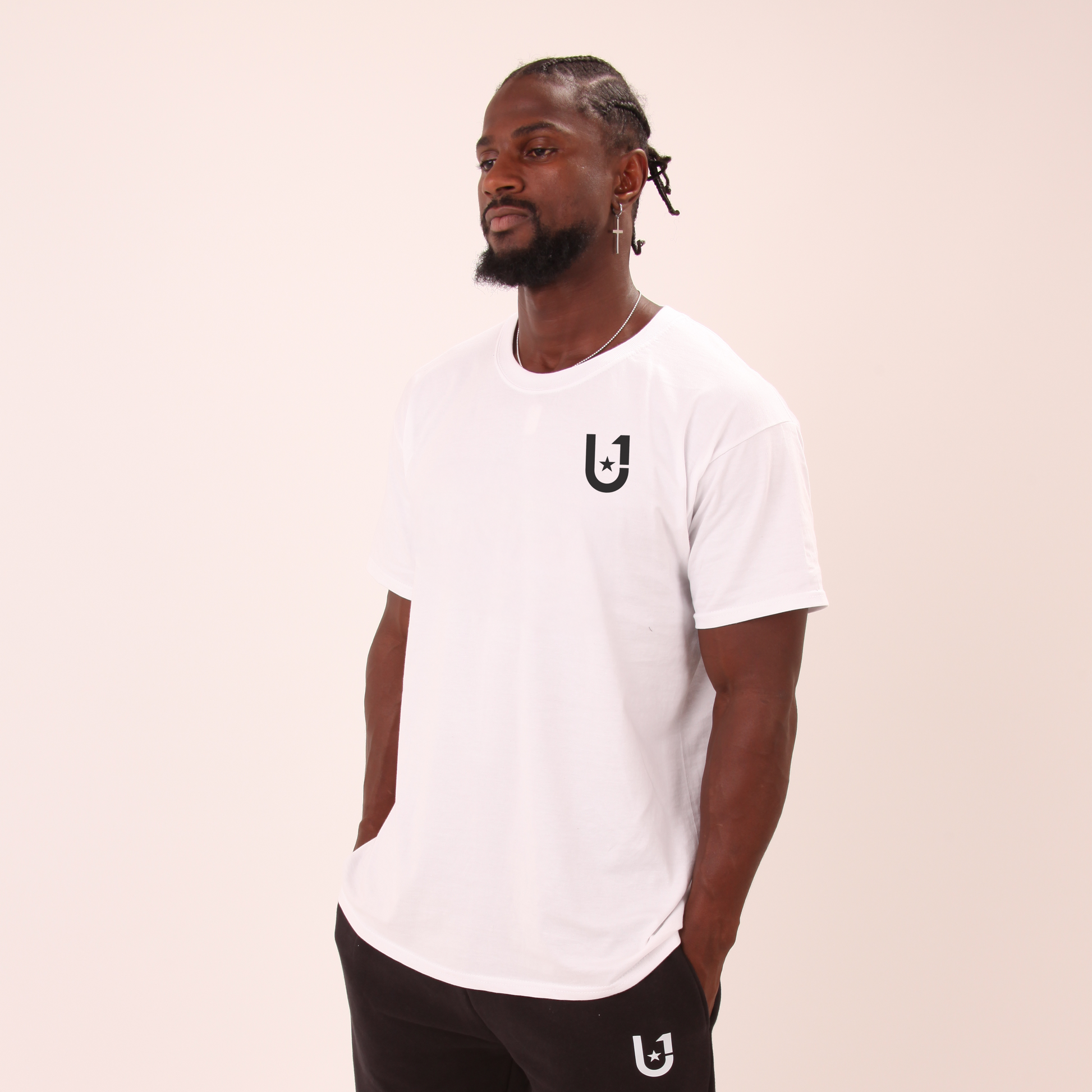 close-up of UNIFY white t-shirt fabric and stitching details