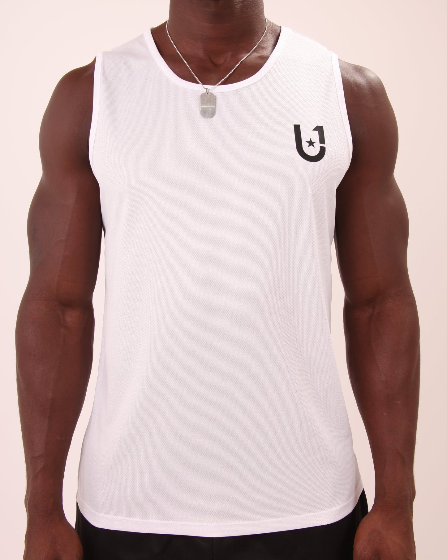 "Men's athletic white vest top by UNIFY, perfect for high-intensity workouts and casual wear."