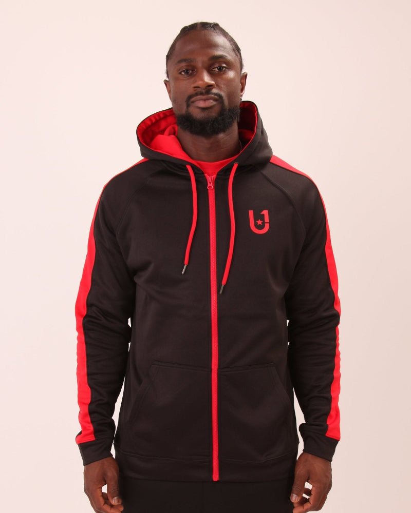 UNIFY men's red zippered hoodie featuring sleek design and comfortable fit, ideal for casual outings.