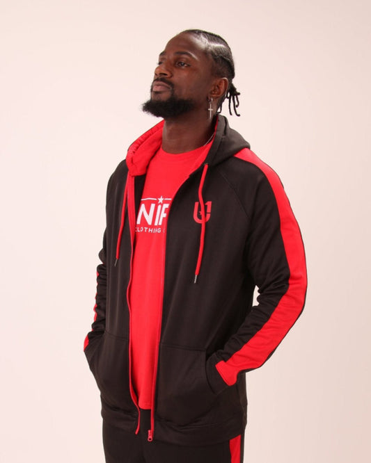 Man wearing UNIFY red zip hoodie, perfect for adding a pop of colour to your sporty or casual wear.