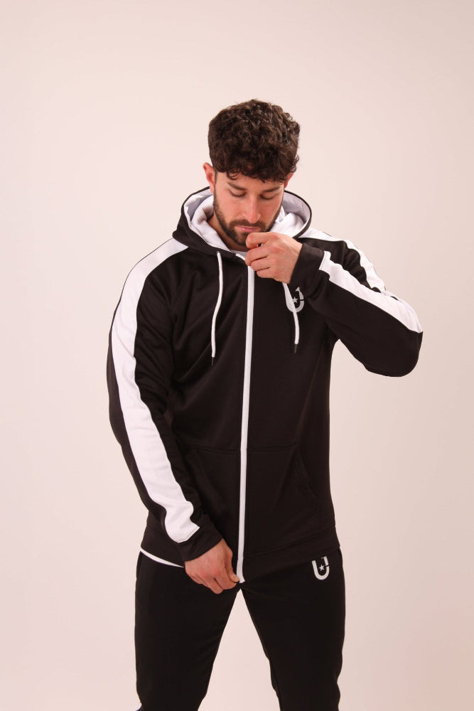 UNIFY U1 black hoodie with a white stripe on display, showcasing its sleek design and comfortable fit.