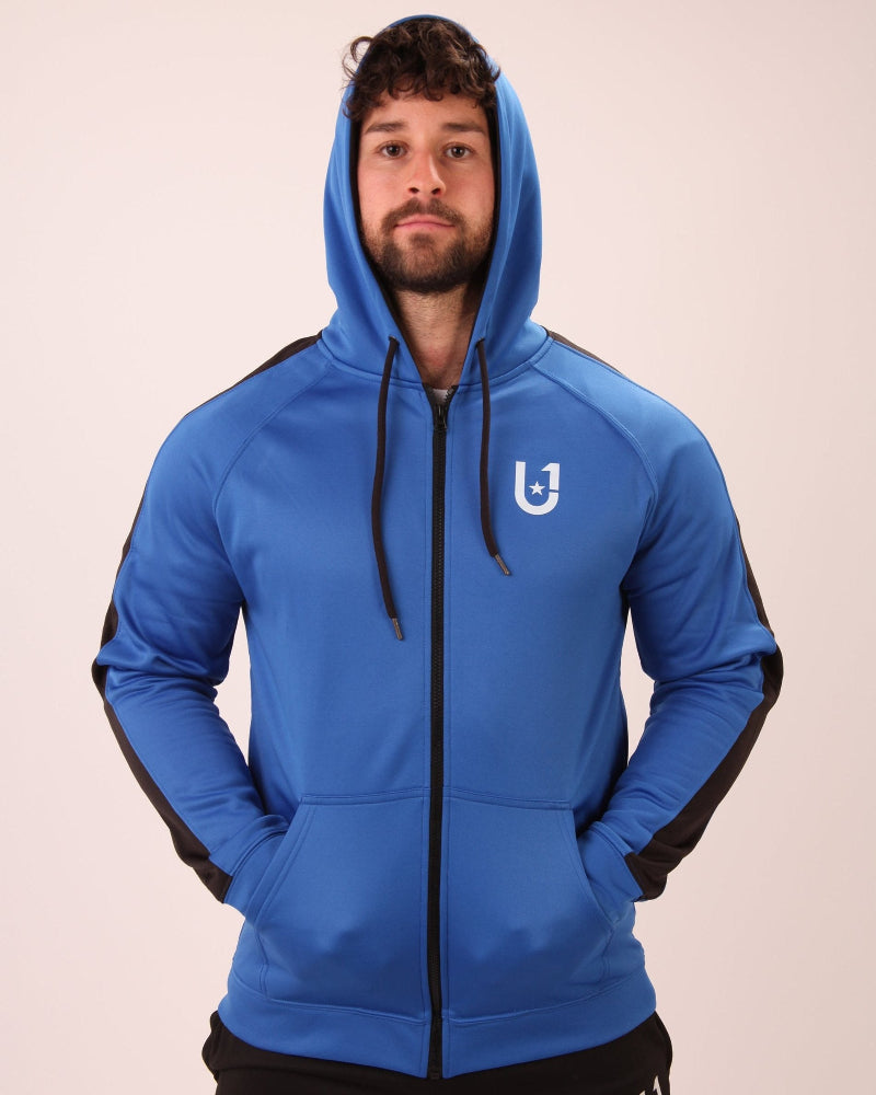 "Close-up of the UNIFY U1 Zip-Up Hoodie with an adjustable hood, perfect for casual and active wear."