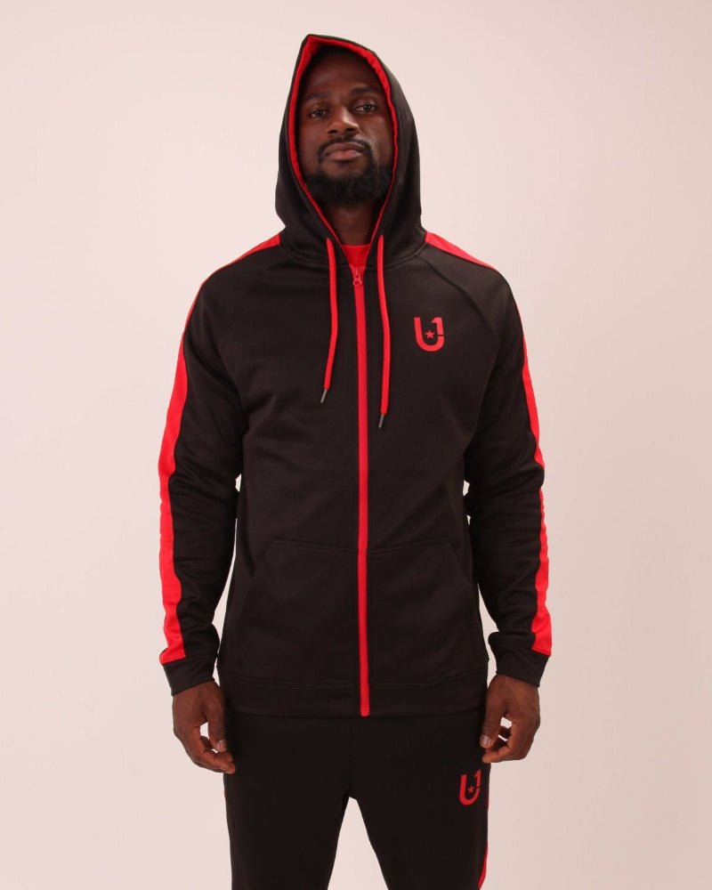 Close-up of UNIFY's men's red hoodie with zipper, showcasing soft fabric and durable construction.