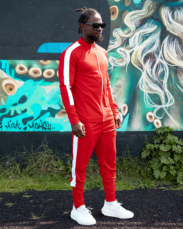 Comfortable red track pants with sleek white stripes for men