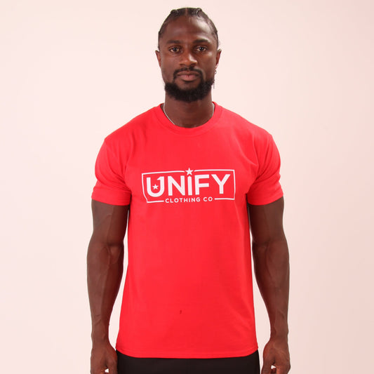 Bright red UNIFY men's t-shirt, perfect for making a bold statement and enhancing any outfit.