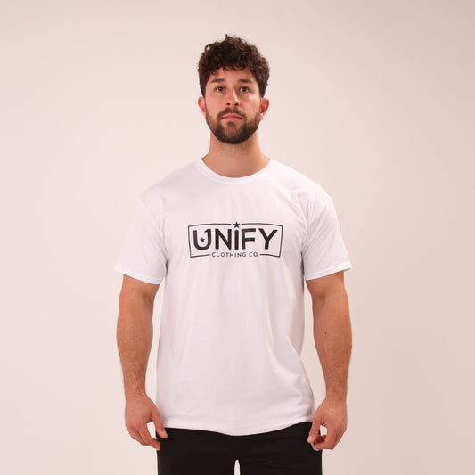 "UNIFY men's premium white t-shirt, made with ultra-soft cotton for all-day comfort."
