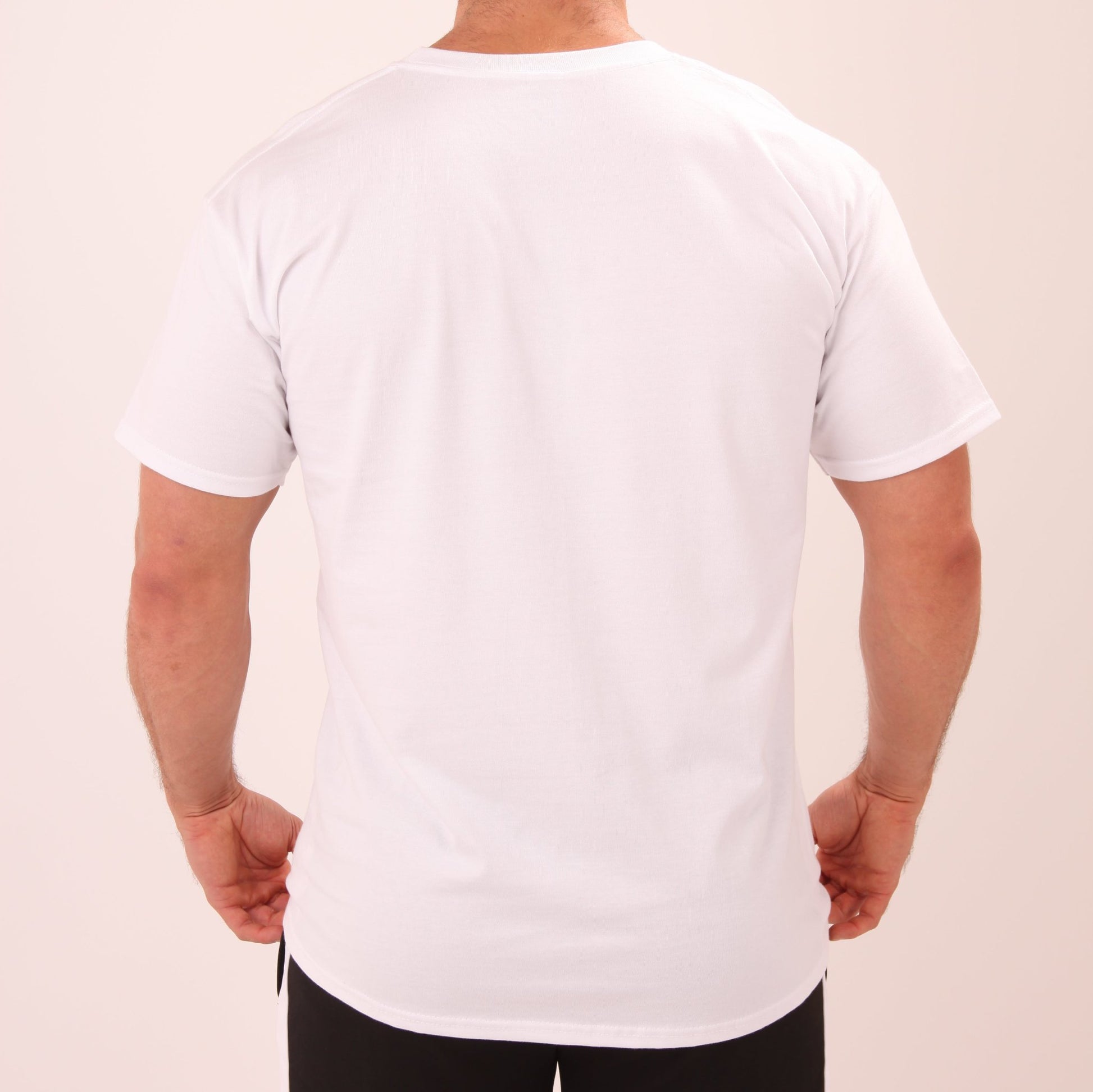 "Close-up of men's essential white t-shirt by UNIFY, highlighting the fine cotton texture."

