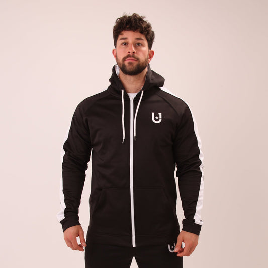 UNIFY U1 men's black zip-up hoodie featuring a stylish white stripe, perfect for urban wear.
