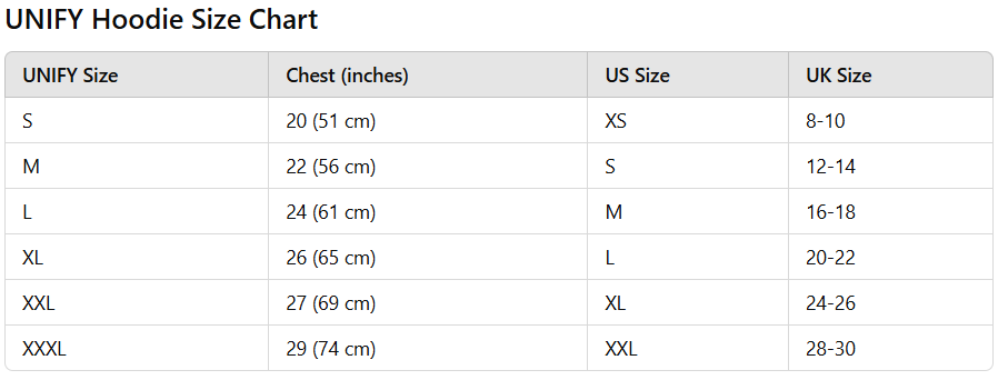Detailed size chart for UNIFY hoodies showing chest measurements in inches and corresponding US and UK sizes, ranging from XS to XXL, ensuring a precise fit for all customers.