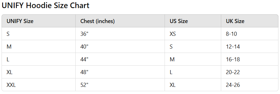 Detailed size chart for UNIFY hoodies showing chest measurements in inches and corresponding US and UK sizes, ranging from XS to XXL, ensuring a precise fit for all customers.