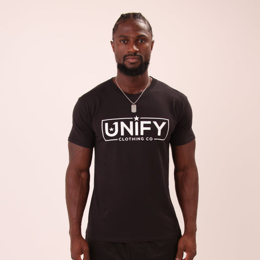 "UNIFY Iconic Black T-Shirt displayed on a model, highlighting its premium cotton and classic fit."
