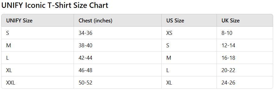 "Size chart for UNIFY Iconic T-Shirt showing chest measurements in inches and corresponding US and UK sizes from Small to XX-Large."