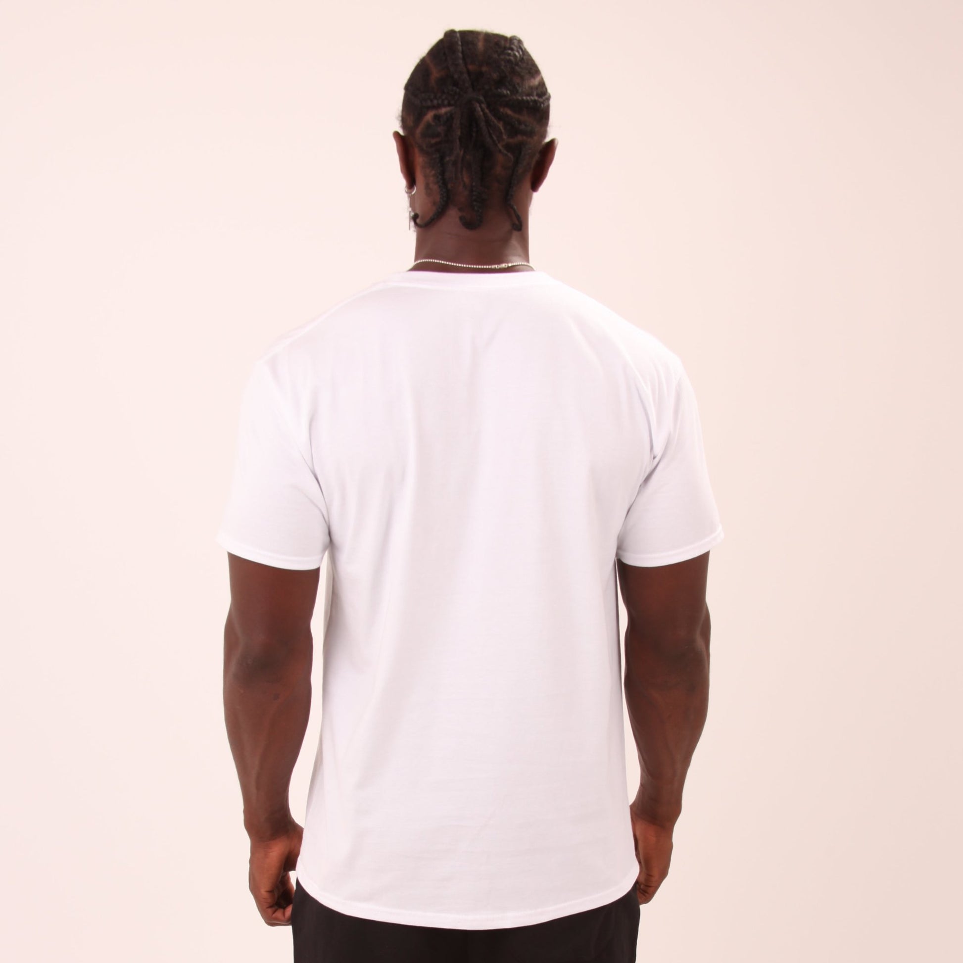 "Close-up of UNIFY Love Wins men's t-shirt, featuring colourful Pride flag design."
