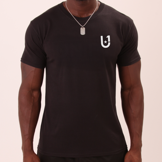 model wearing UNIFY men's black t-shirt in a classic, fitted style