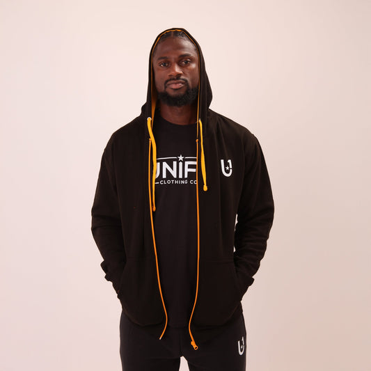 UNIFY men's black and yellow zippered hoodie featuring a vibrant contrast design, perfect for a stylish, sporty look.
