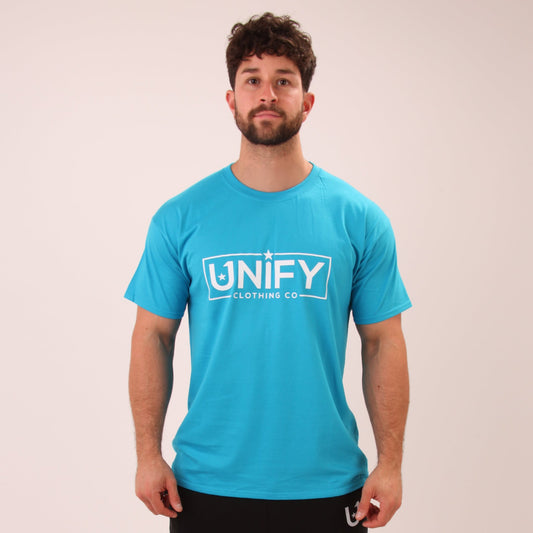 "UNIFY men's cool blue t-shirt, styled for a casual yet polished look."
