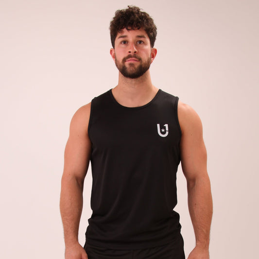 "UNIFY Men's Vest Top in black, designed for high performance and optimal breathability during workouts."
