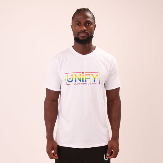 "UNIFY men's Pride t-shirt with vibrant rainbow stripes, perfect for Pride parades and everyday support."
