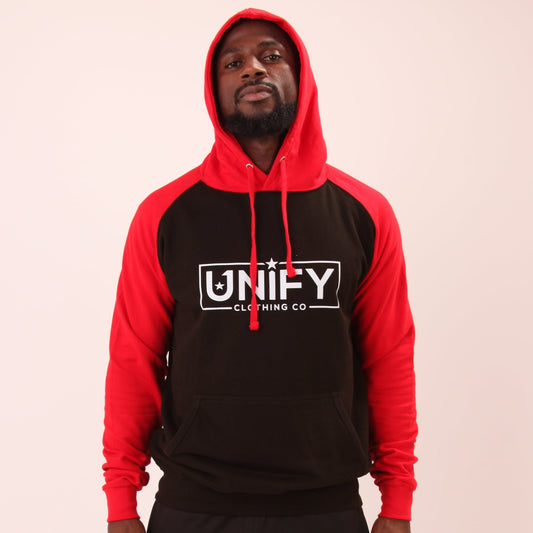 "UNIFY Men's Red/Black Essential Hoodie, perfect for a modern, active lifestyle with a fleece-lined interior for comfort."
