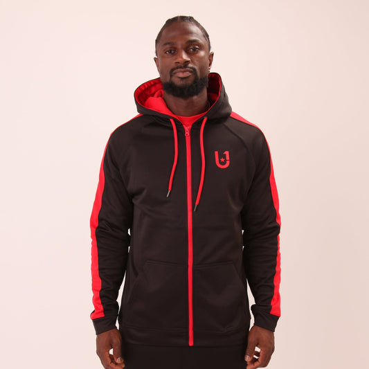 UNIFY men's red zippered hoodie featuring sleek design and comfortable fit, ideal for casual outings.
