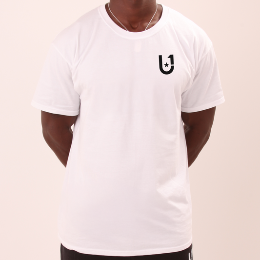 model wearing UNIFY men's white t-shirt with a clean, classic fit

