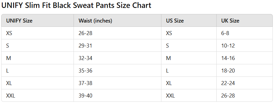 Size chart for UNIFY Slim Fit Black Sweat Pants, showing waist sizes in inches along with corresponding US and UK sizes for sizes XS through XXL.