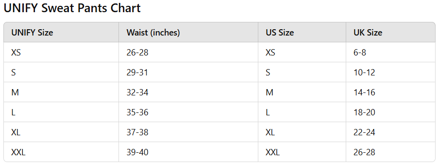 Size chart for UNIFY Sweat Pants showing waist measurements in inches and corresponding US and UK sizes for sizes XS through XXL to help customers find the perfect fit.