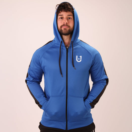 "Close-up of the UNIFY U1 Zip-Up Hoodie with an adjustable hood, perfect for casual and active wear."