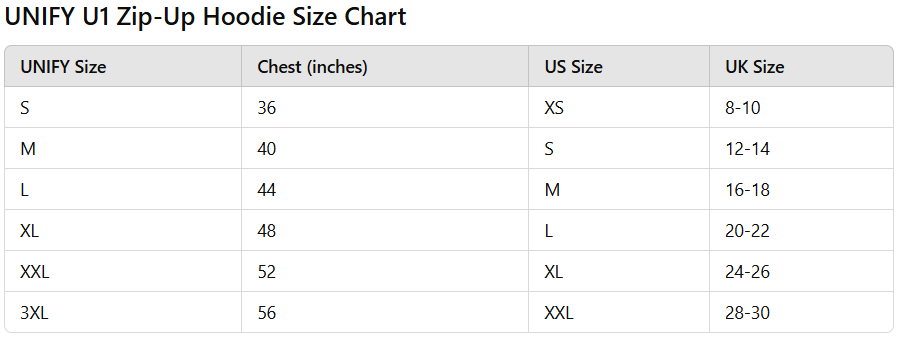 "Detailed size chart for the UNIFY U1 Zip-Up Hoodie showing chest measurements in inches alongside corresponding US and UK sizes, ensuring an accurate fit for the modern man."