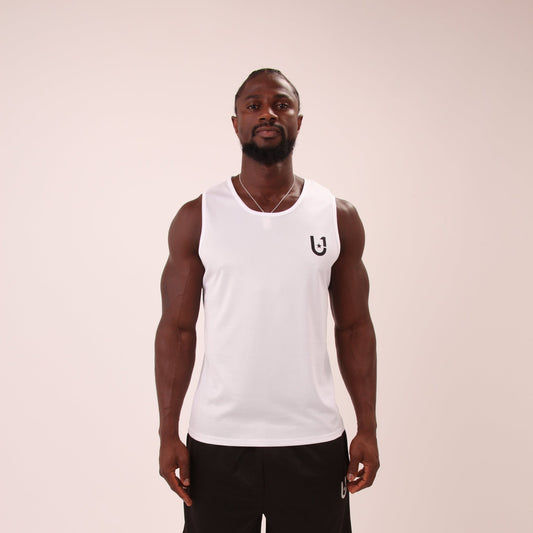 "UNIFY men's white performance vest, ideal for gym and sports, showcasing sleek design and comfort."
