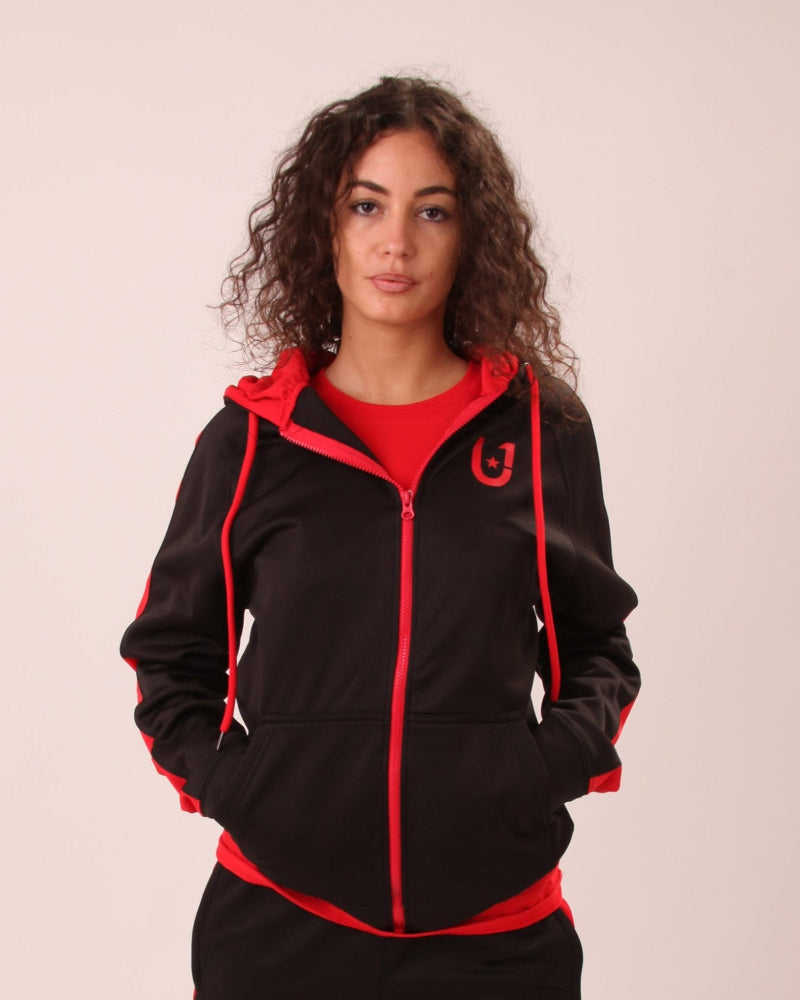 UNIFY women's black and red zippered hoodie, perfect for stylish layering and comfort.
