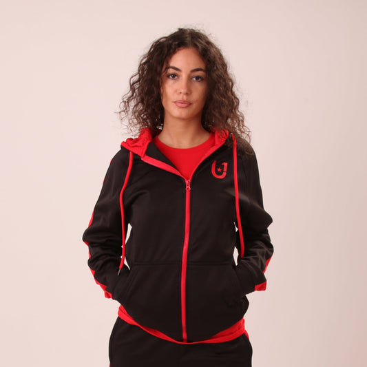 UNIFY women's black and red zippered hoodie, perfect for stylish layering and comfort.
