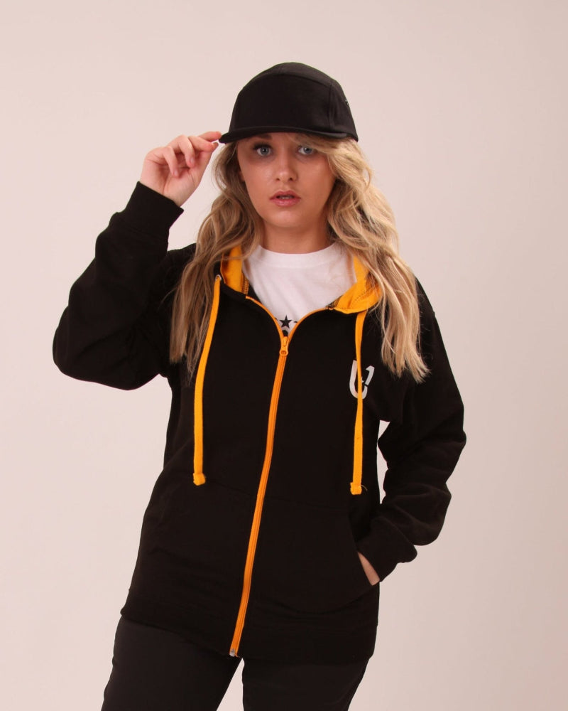 UNIFY women's black and yellow zippered hoodie, perfect for adding a pop of colour to a sporty outfit.
