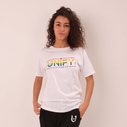 "UNIFY Women's Rainbow Pride T-shirt, featuring a colourful design to celebrate diversity and inclusion."
