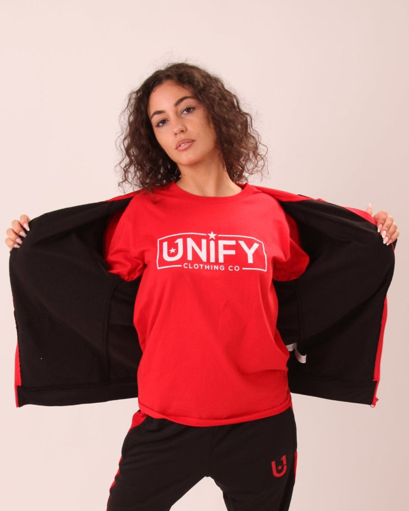 UNIFY women's black hoodie with red accents, ideal for a trendy, sporty look.
