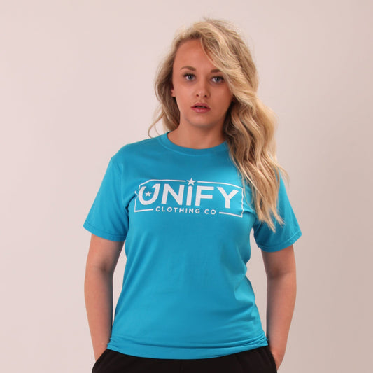 "UNIFY women's sapphire blue t-shirt, perfect for a stylish casual look."
