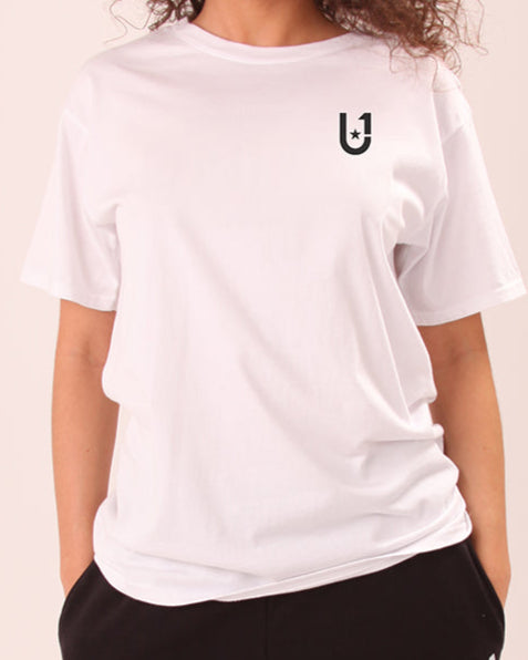 woman wearing UNIFY U1 white t-shirt with a relaxed fit for everyday comfort