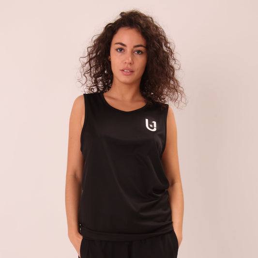 UNIFY Women's Black Athletic Vest, designed for optimal performance and superior comfort during workouts.