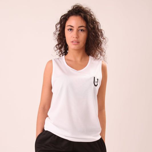 UNIFY Women's White Athletic Ladies Vest Top featuring breathable, lightweight fabric, designed for comfort and style in sports and casual wear.